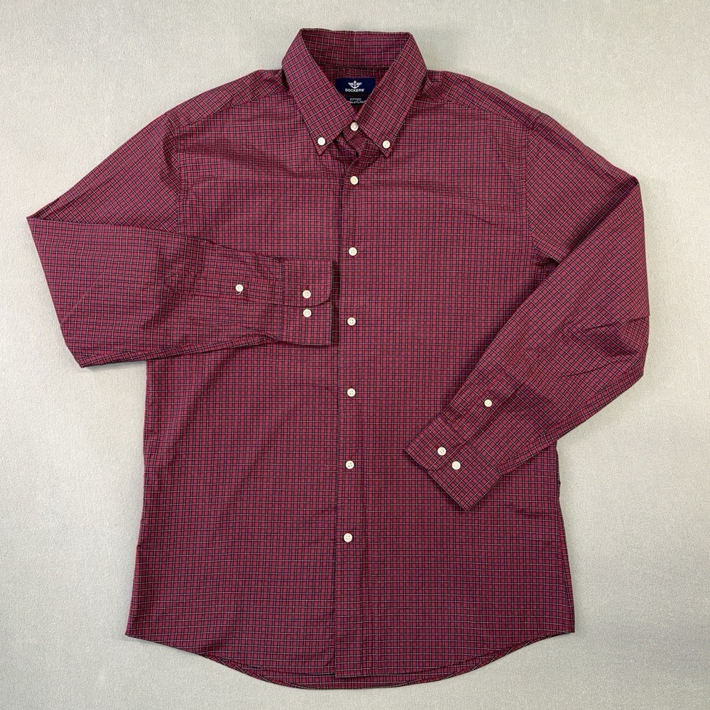 Men's Dockers Long Sleeve Preppy Button Up Shirt Red/Blue Plaid Size M 15 32/33